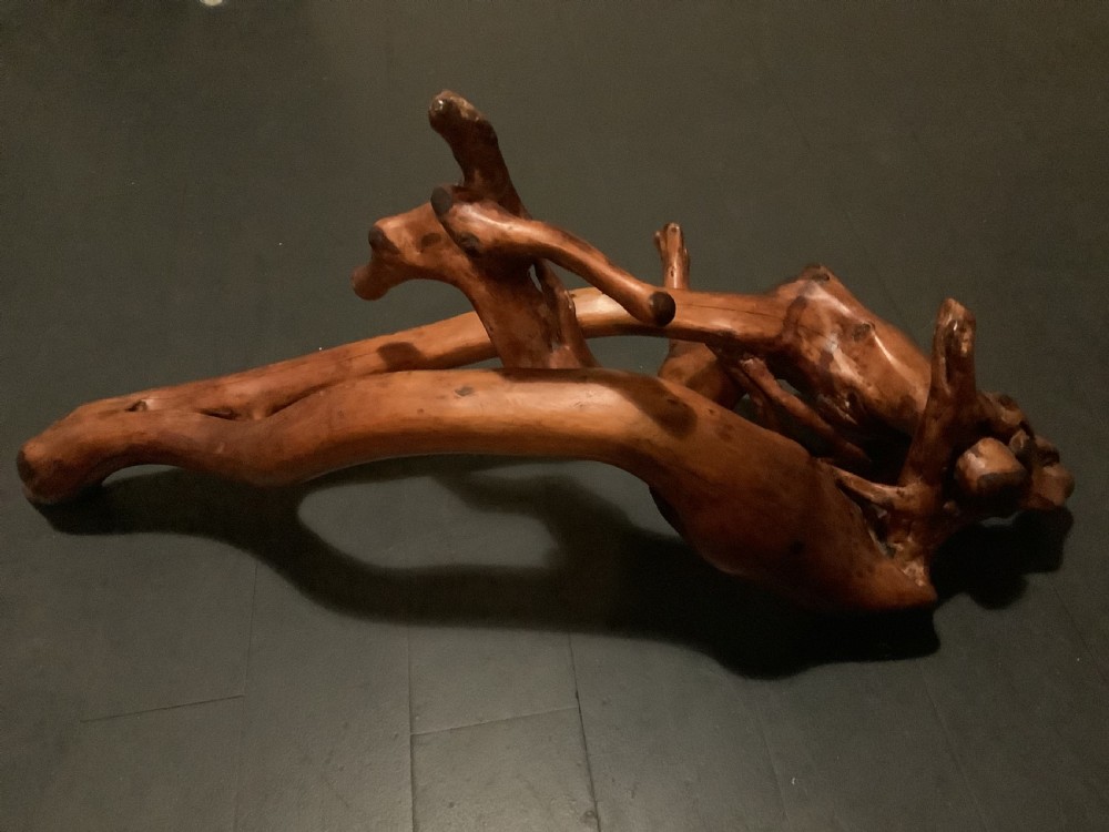 A polished yew wood sculpture featuring organic, intertwined smooth branches with a rich golden-amber tone. View IV