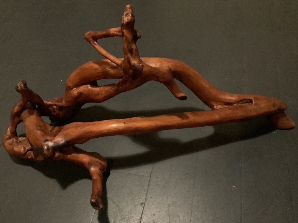 A polished yew wood sculpture featuring organic, intertwined smooth branches with a rich golden-amber tone. View V