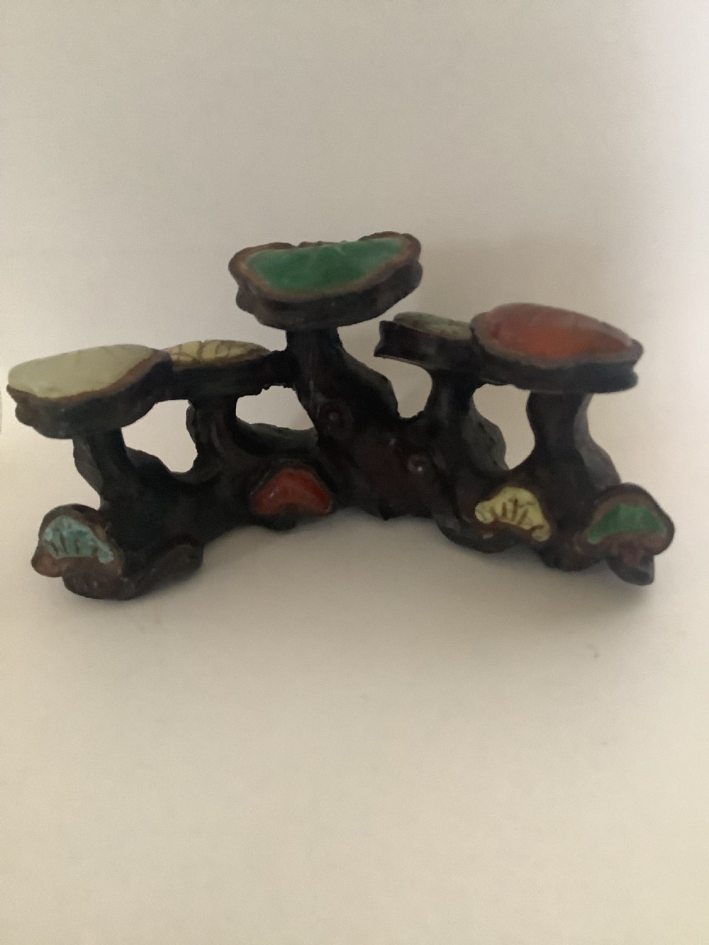 A 19th-century cast bronze Chinese scholars brush rest modelled in the form of lingzhi mushrooms with colourful inset hardstone caps. View VII