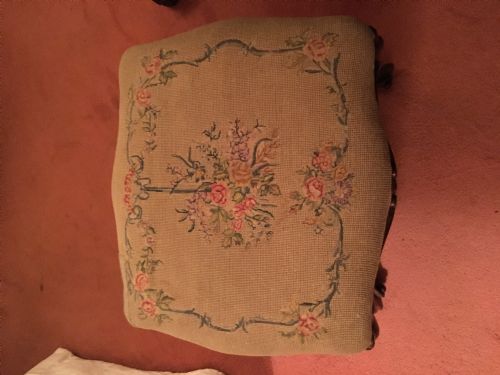 VICTORIAN WALNUT UPHOLSTERED STOOL ON CABRIOLE LEGS - ADDITIONAL PHOTO 1