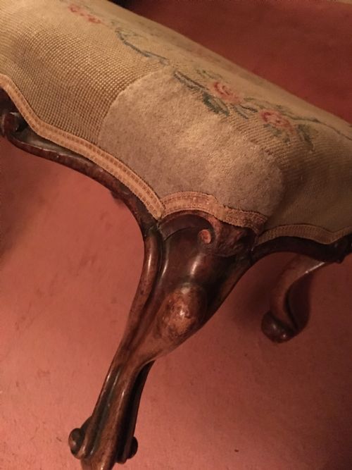 VICTORIAN WALNUT UPHOLSTERED STOOL ON CABRIOLE LEGS - ADDITIONAL PHOTO 3