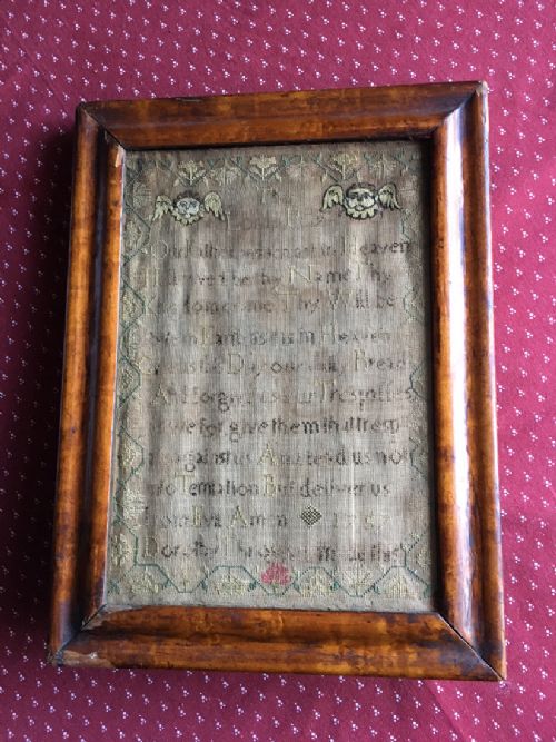 george ii walnut framed 1757 sampler of the lords prayer - CATEGORY: ANTIQUE MISCELLANEOUS - DATED GEORGIAN