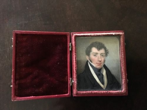 victorian miniature portrait of a young man in a red leather and velvet lined carrying case with two brass hooks - CATEGORY: ANTIQUE MISCELLANEOUS - DATED VICTORIAN