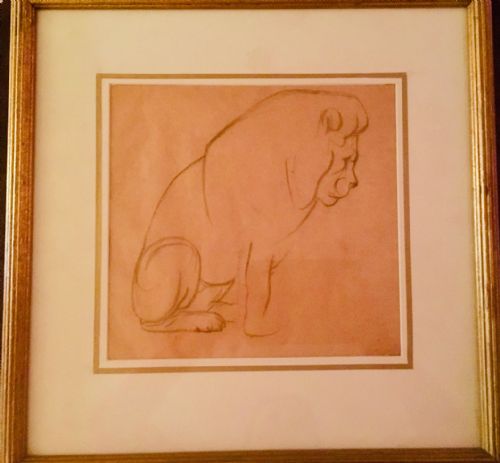 silvia baker hay seated lion framed pencil drawing - CATEGORY: ANTIQUE ART - DATED LATER THAN 1960