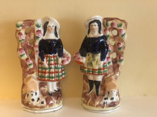 staffordshire figures scottish man and woman with dogs - CATEGORY: ANTIQUE CERAMICS - DATED VICTORIAN