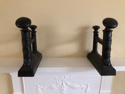 pair of arts crafts cast iron andirons - CATEGORY: ANTIQUE FIREPLACES - DATED 1910