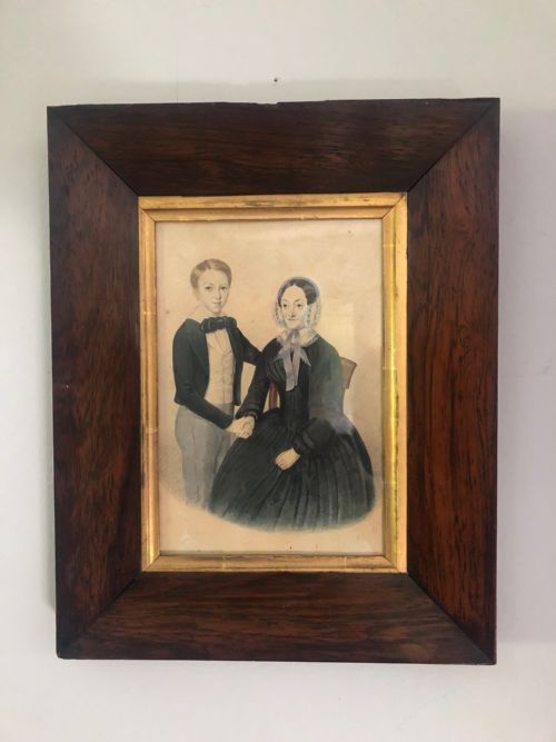 charming victorian print of mother and son in a handsome oak frame - CATEGORY: ANTIQUE ART - DATED VICTORIAN
