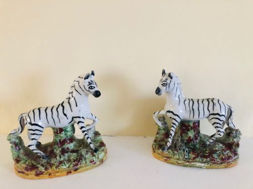 hand painted pair of staffordshire zebras - CATEGORY: ANTIQUE CERAMICS - DATED VICTORIAN