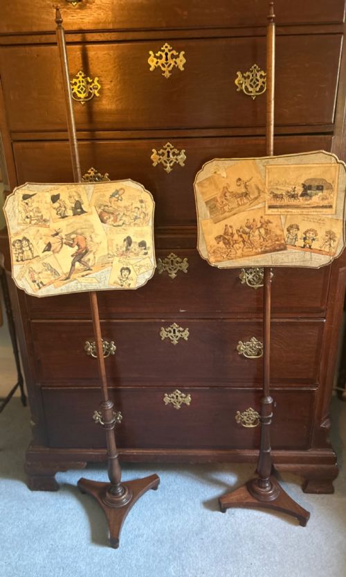 A Pair of Late George III Pole Screens with Witty Satirical Prints