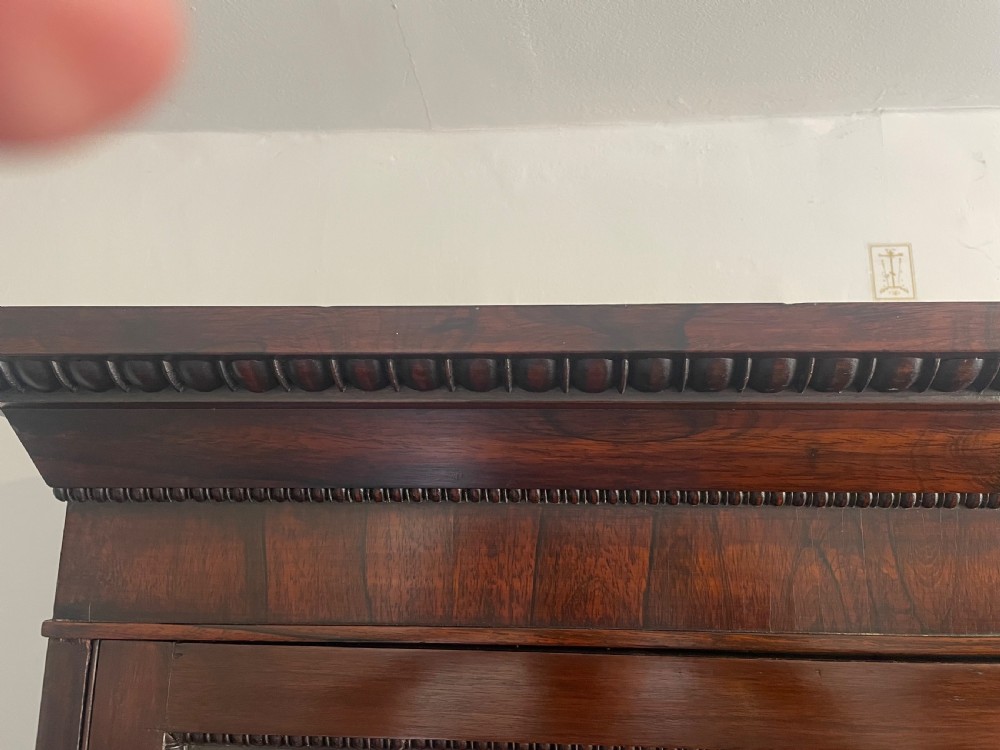 An antique Regency rosewood bookcase featuring an upper section with two glazed glass doors and a lower section with two solid panelled cabinet doors decorated with beaded moulding. View VIII