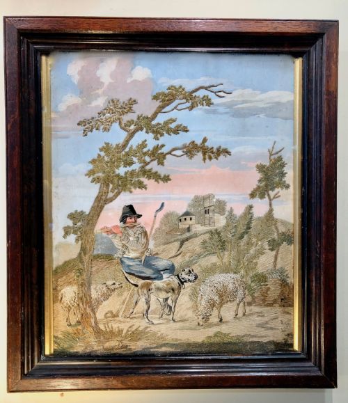A Georgian Silk Needlework of a Shepherd and His Dog C.1820