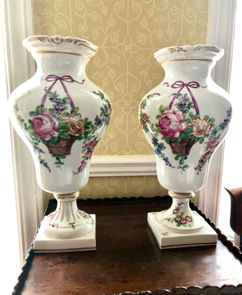 A Near Pair of French Porcelain Hand Painted Tall Vases