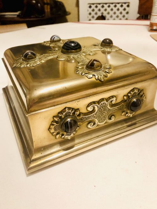 A Superb Victorian Brass Table Box Decorated with Cabochon Agate Stones C. 1870
