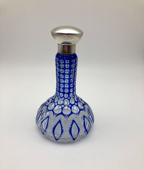 A Decorative Blue and Clear Glass Scent Bottle with a Silver Plate Lid C.1870