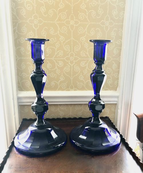 A Pair of Bristol Blue Tall Glass Candlesticks C.1920