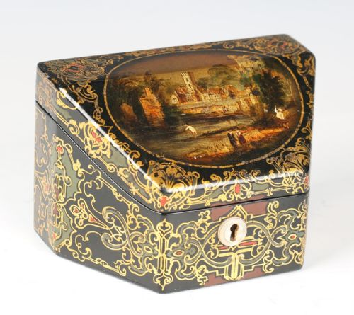 A Mid Victorian Papier Mache Decorated Letter Box