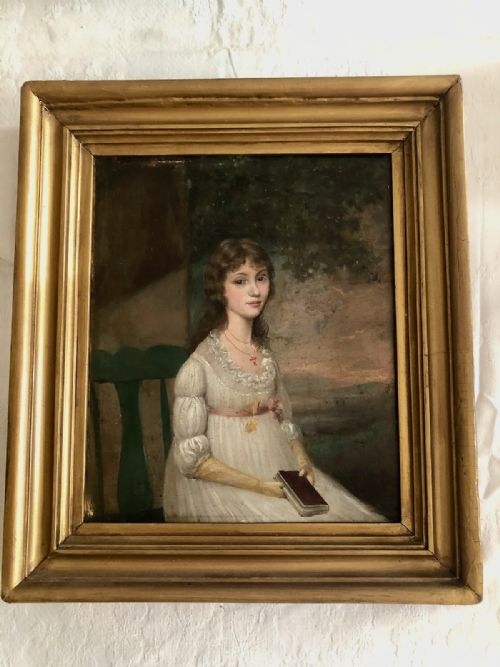 British School Oil Portrait of a Young Lady Seated and Holding a Book - 19th Century