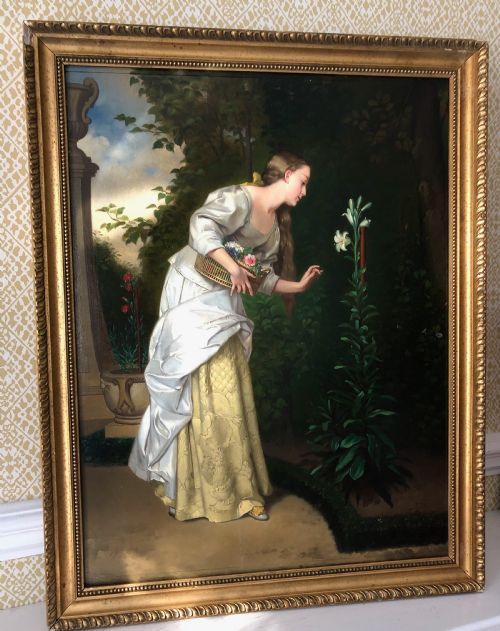 A Fine Quality Oil Painting of a Young Lady Collecting Flowers - By Eugene Feral. 'Jeune Fille Au Lys' C 1890