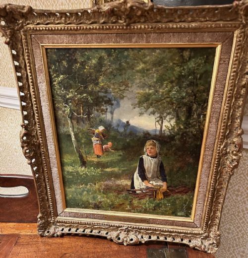 A FINE OIL PAINTING BY JAMES MALLARD BROMLEY SIGNED WOODLANDS WITH CHILDREN GATHERING FIREWOOD' - ADDITIONAL PHOTO 3