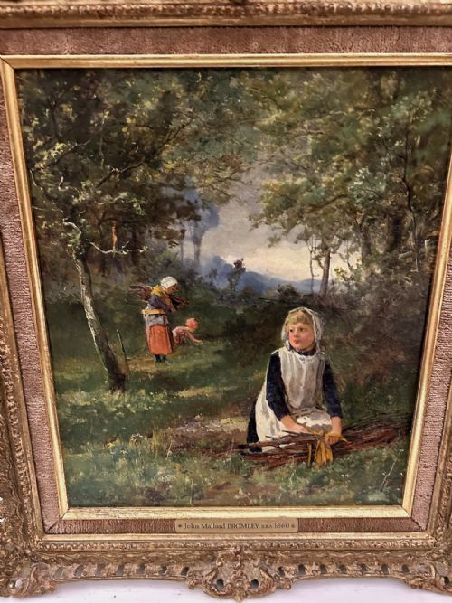 A FINE OIL PAINTING BY JAMES MALLARD BROMLEY SIGNED WOODLANDS WITH CHILDREN GATHERING FIREWOOD' - ADDITIONAL PHOTO 4