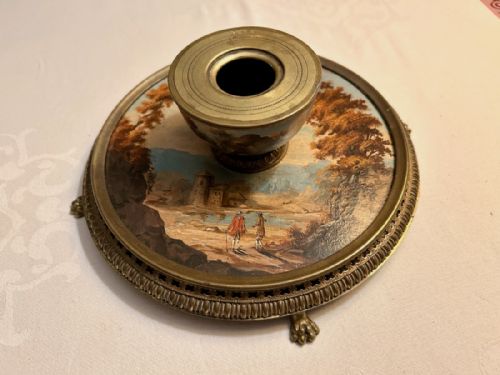 AN ENGLISH BRASS AND HAND PAINTED INKWELL C 1840