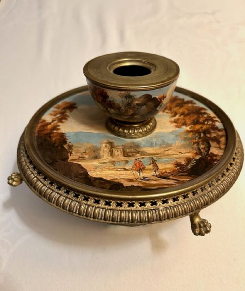 AN ENGLISH BRASS AND HAND PAINTED INKWELL C 1840 - ADDITIONAL PHOTO 3