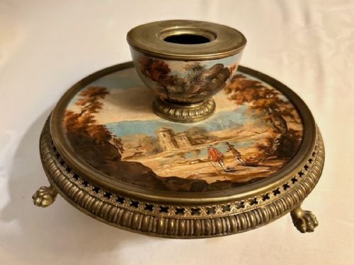 AN ENGLISH BRASS AND HAND PAINTED INKWELL C 1840 - ADDITIONAL PHOTO 4