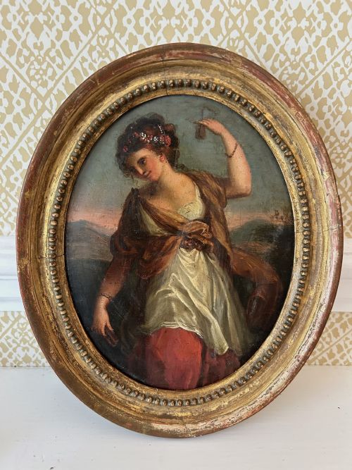 An 18th Century Oil Painting of a Dancing Lady - On Copper in an Oval Gilt Frame C.1790