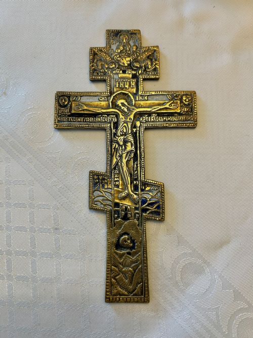 A 19TH CENTURY BRONZE AND BLUE ENAMEL ORTHODOX CROSS - ADDITIONAL PHOTO 3