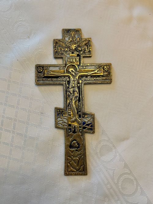 A 19TH CENTURY BRONZE AND BLUE ENAMEL ORTHODOX CROSS - ADDITIONAL PHOTO 4