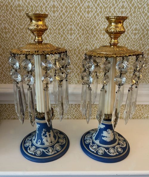 A Charming Pair of Victorian Jasperware and Gilt Lustres
