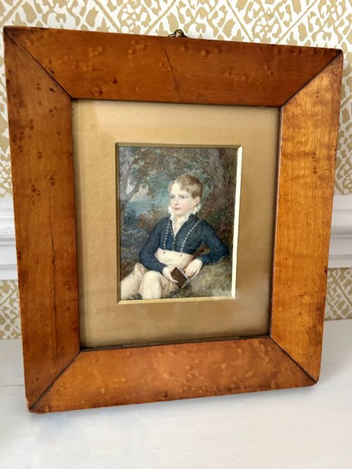 A Delightful Watercolour in a Maple Frame of a Young Boy Holding a Book. Circa 1860