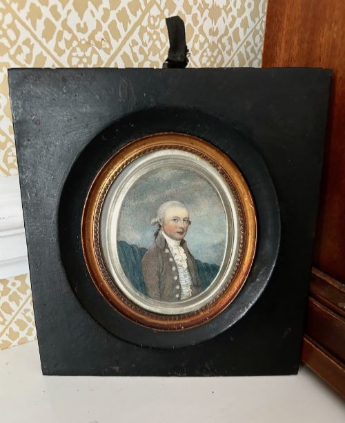 An Early Portrait Miniature Watercolour of a Gentleman in a Grey Wig and Brown Coat C.1830