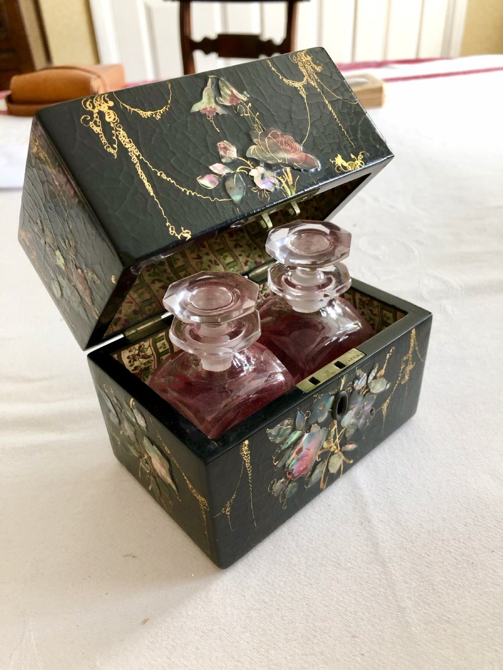 Victorian Papier Mache Box with Two Scent Bottles View II