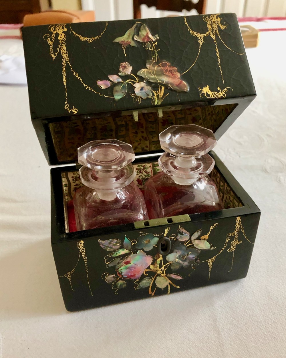 Victorian Papier Mache Box with Two Scent Bottles View V