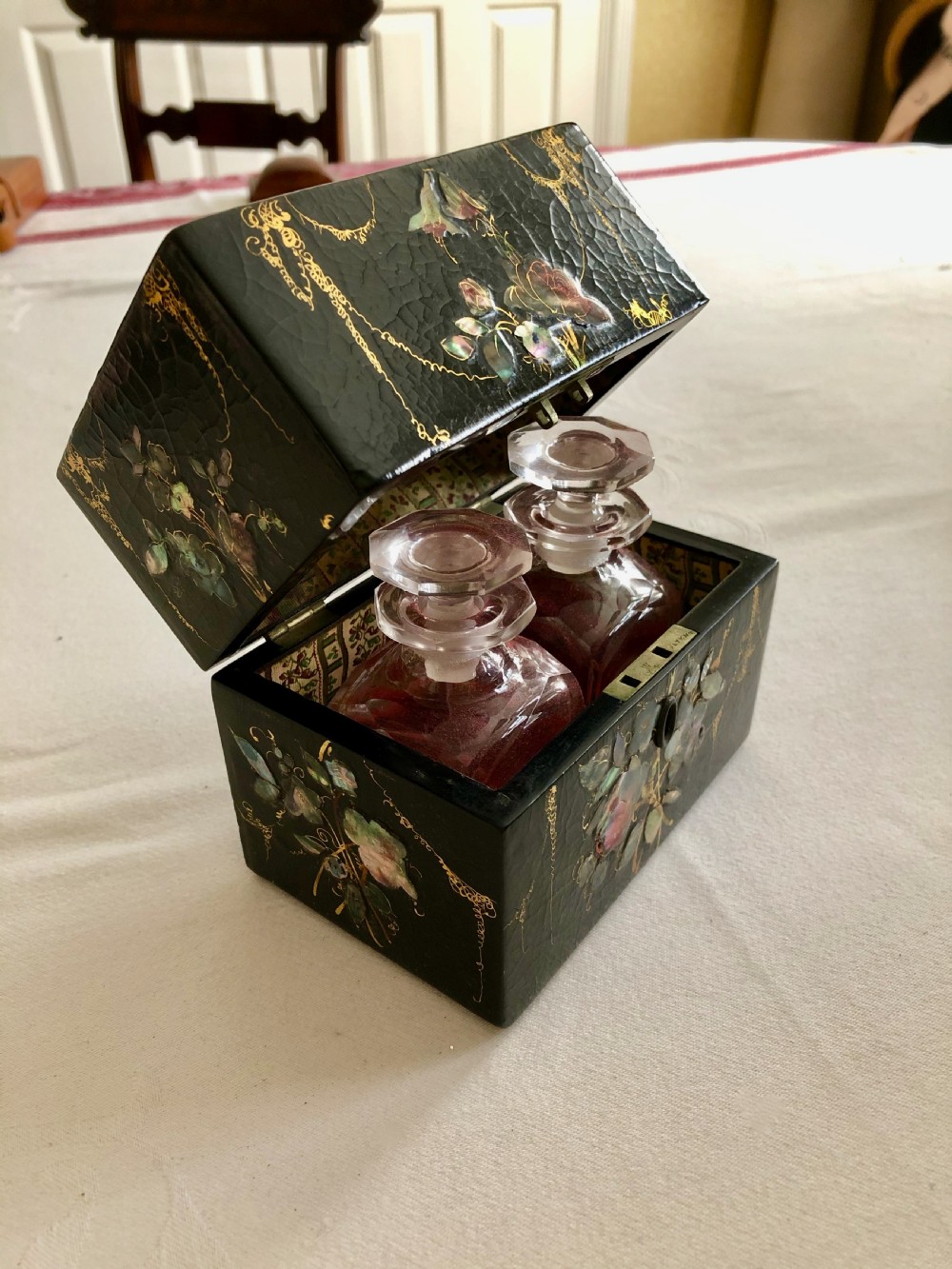 Victorian Papier Mache Box with Two Scent Bottles View VI