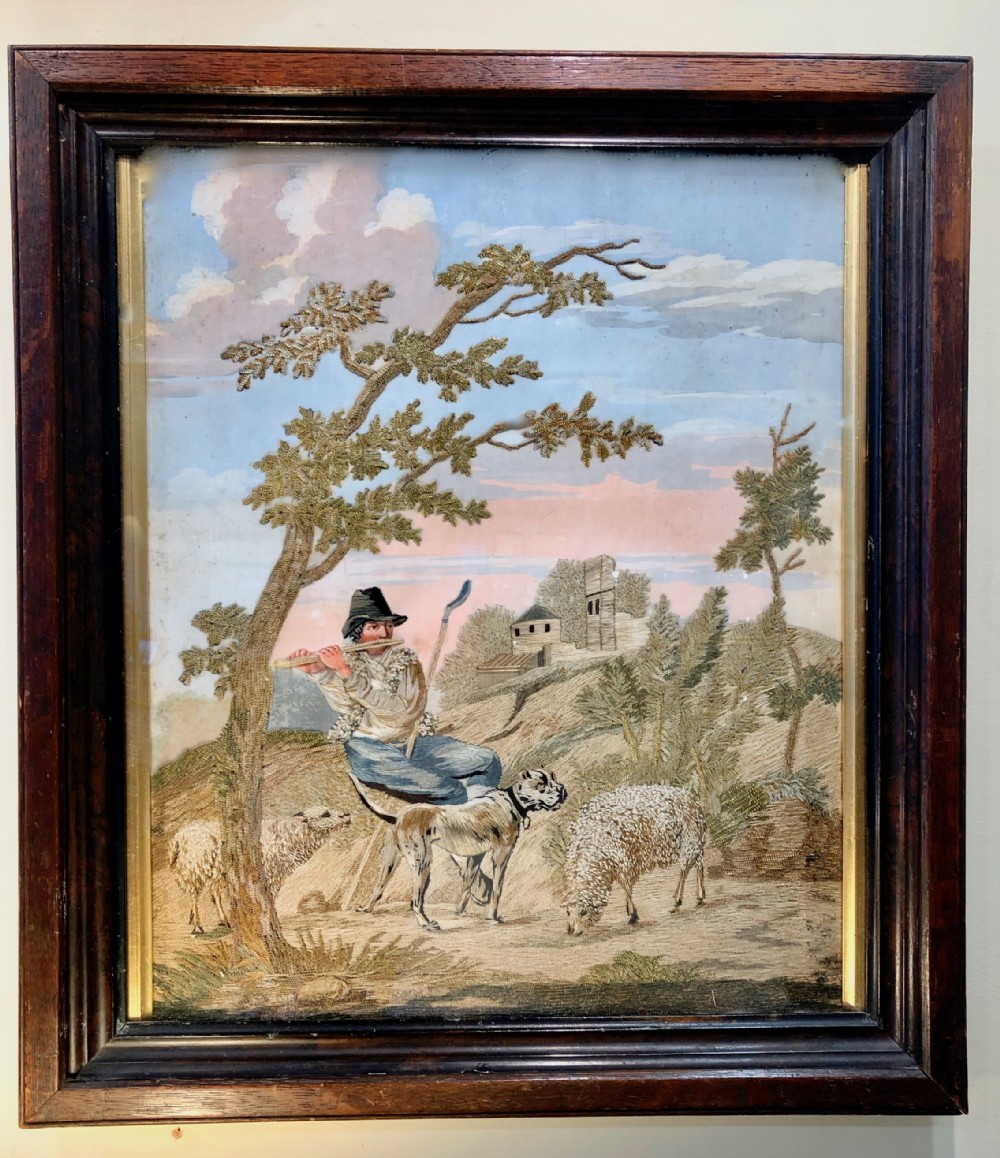 A Georgian Silk Needlework of a Shepherd and his Dog c.1820