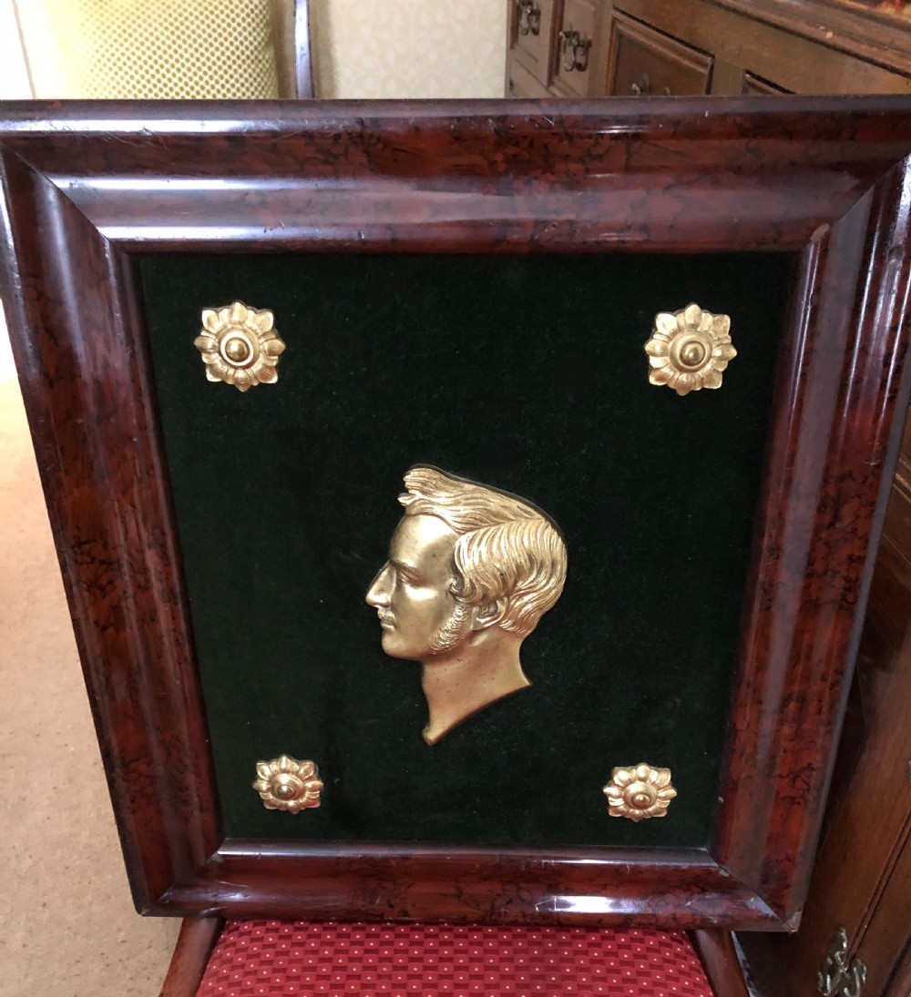 A framed Victorian gilt bronze profile relief portrait of Prince Albert mounted on dark green velvet inside a polished mahogany frame. View III