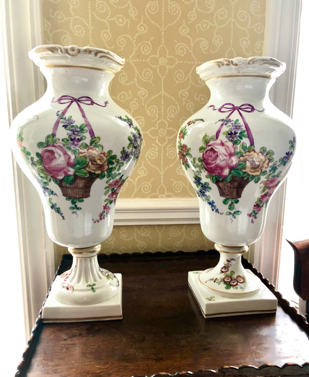 A Near Pair of French Porcelain Hand Painted Tall Vases
