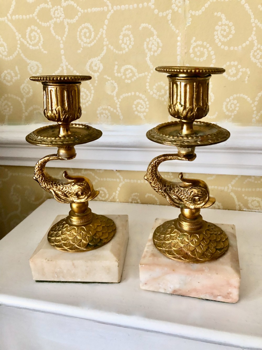 Pair of Early 19th century gilt bronze dolphin candlesticks View III