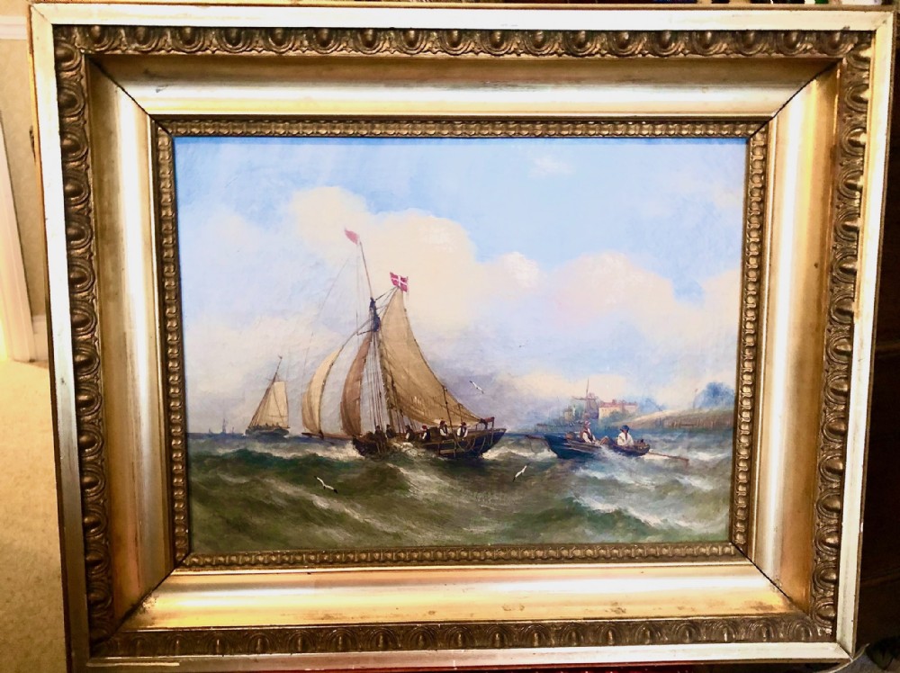 A 19th Century Seascape Oil Painting of boats 'Off the Coast' by William C. Knell