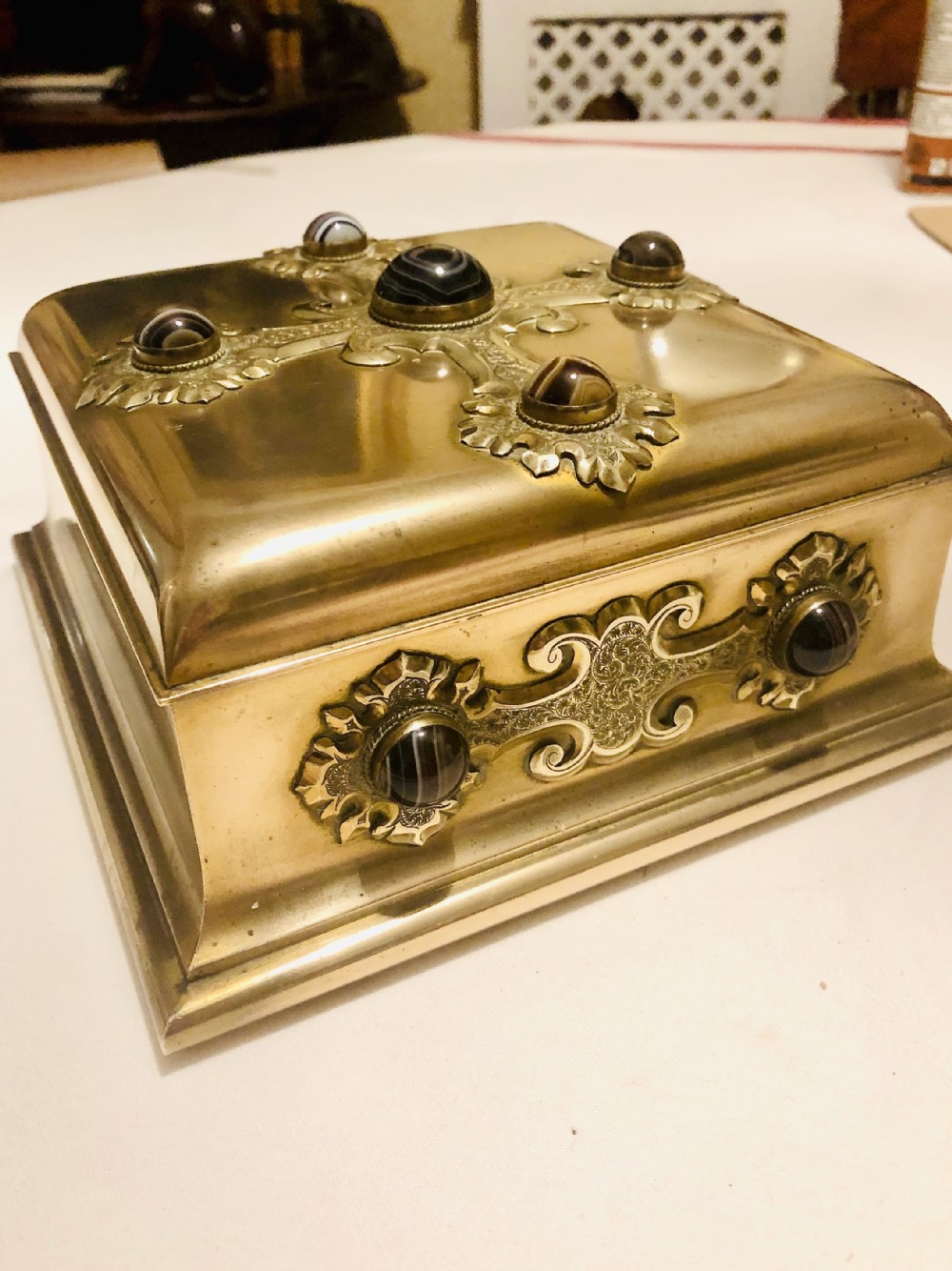 A Superb Victorian Brass Table Box Decorated with Cabochon Agate Stones c. 1870