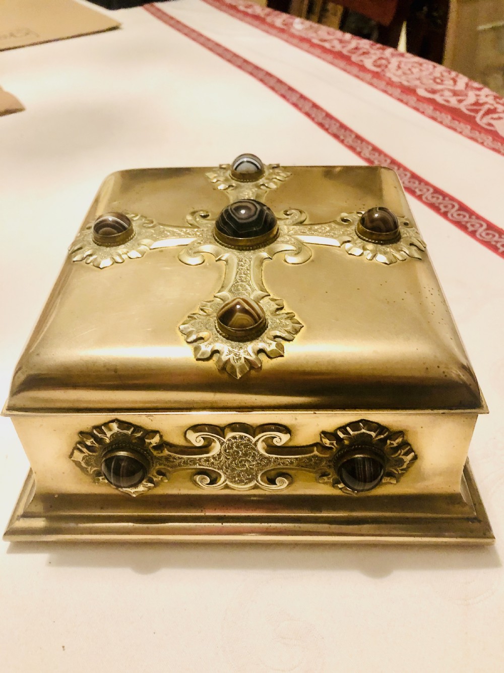 A Superb Victorian Brass Table Box Decorated with Cabochon Agate Stones c. 1870 View II