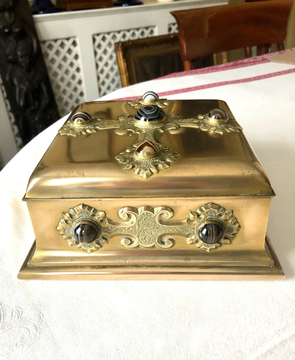 A Superb Victorian Brass Table Box Decorated with Cabochon Agate Stones c. 1870 View III