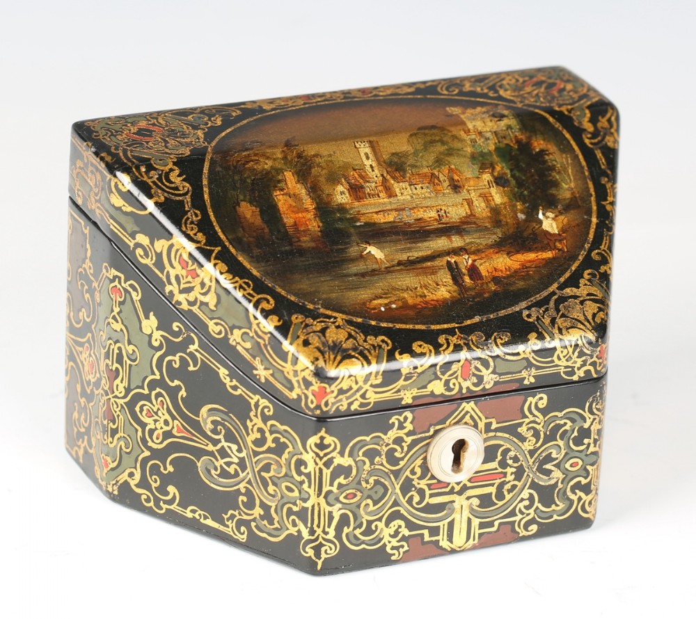 A Mid Victorian Papier Mache Decorated Letter Box