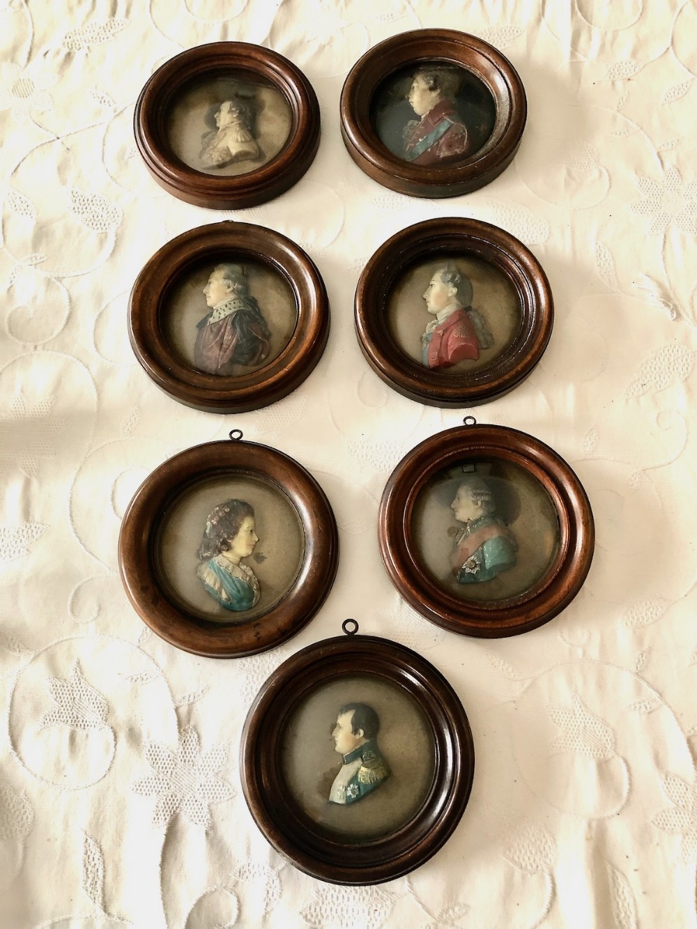 Seven 19th Century Unusual Wax Relief Profiles of Eminent Dignitaries in Round Mahogany Frames 
