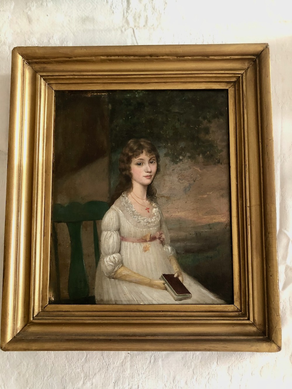 British School Oil Portrait of a Young Lady Seated and Holding a Book - 19th Century