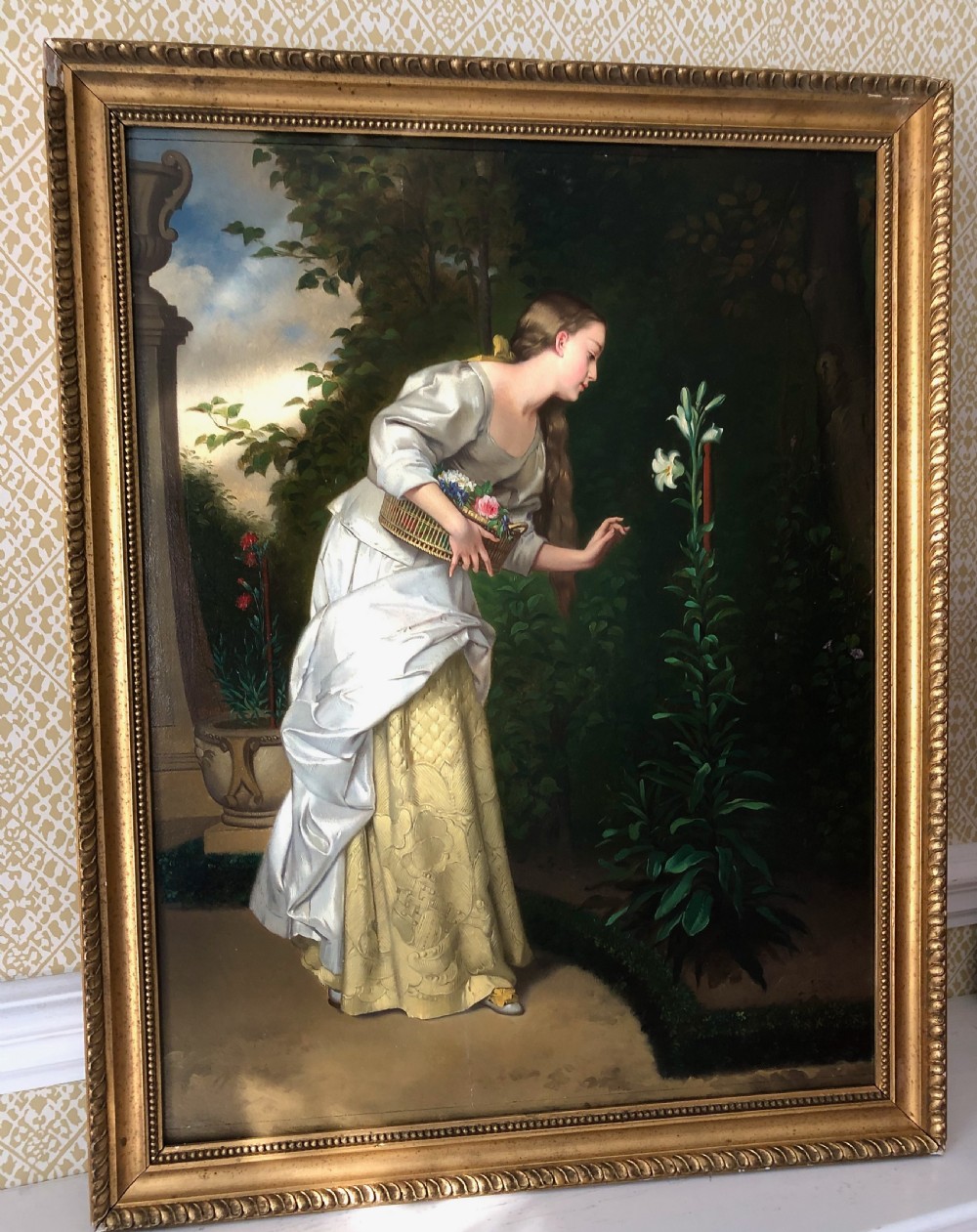 A Fine Quality Oil Painting of a Young Lady collecting Flowers - by Eugene Feral. 'Jeune Fille au Lys' c 1890