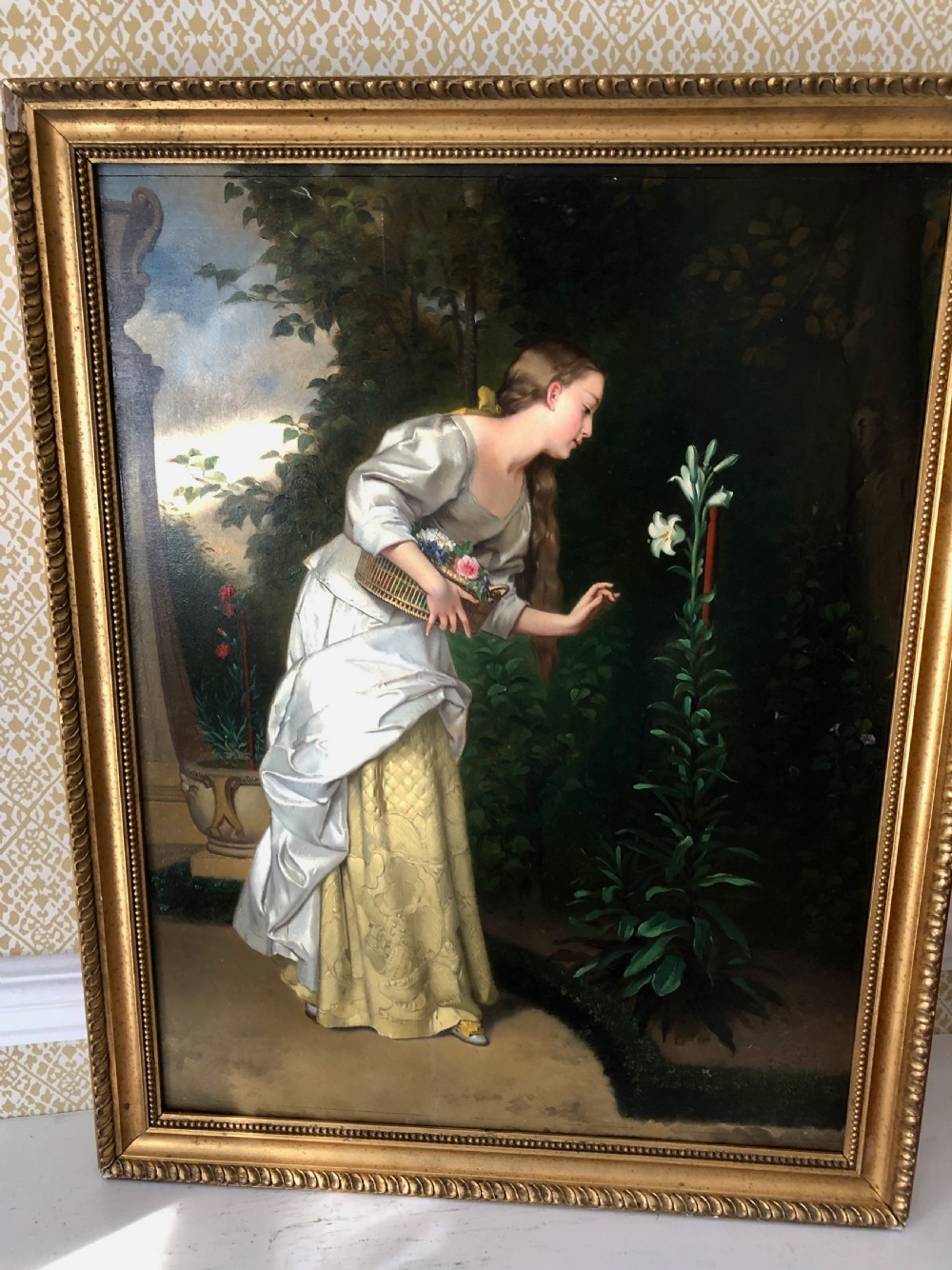 A Fine Quality Oil Painting of a Young Lady collecting Flowers - by Eugene Feral. 'Jeune Fille au Lys' c 1890 View II