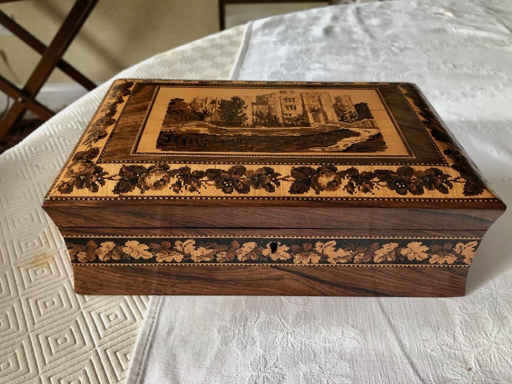 A Tunbridgeware Table Box with a Micro-Mosaic design of Hever Castle on the lid. c.1870